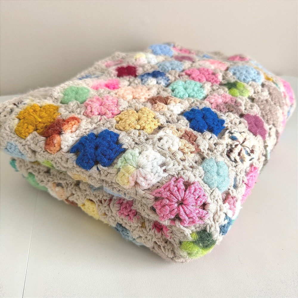 Handmade Crochet Floral Granny Blanket Multicolor Cottagecore Afghan